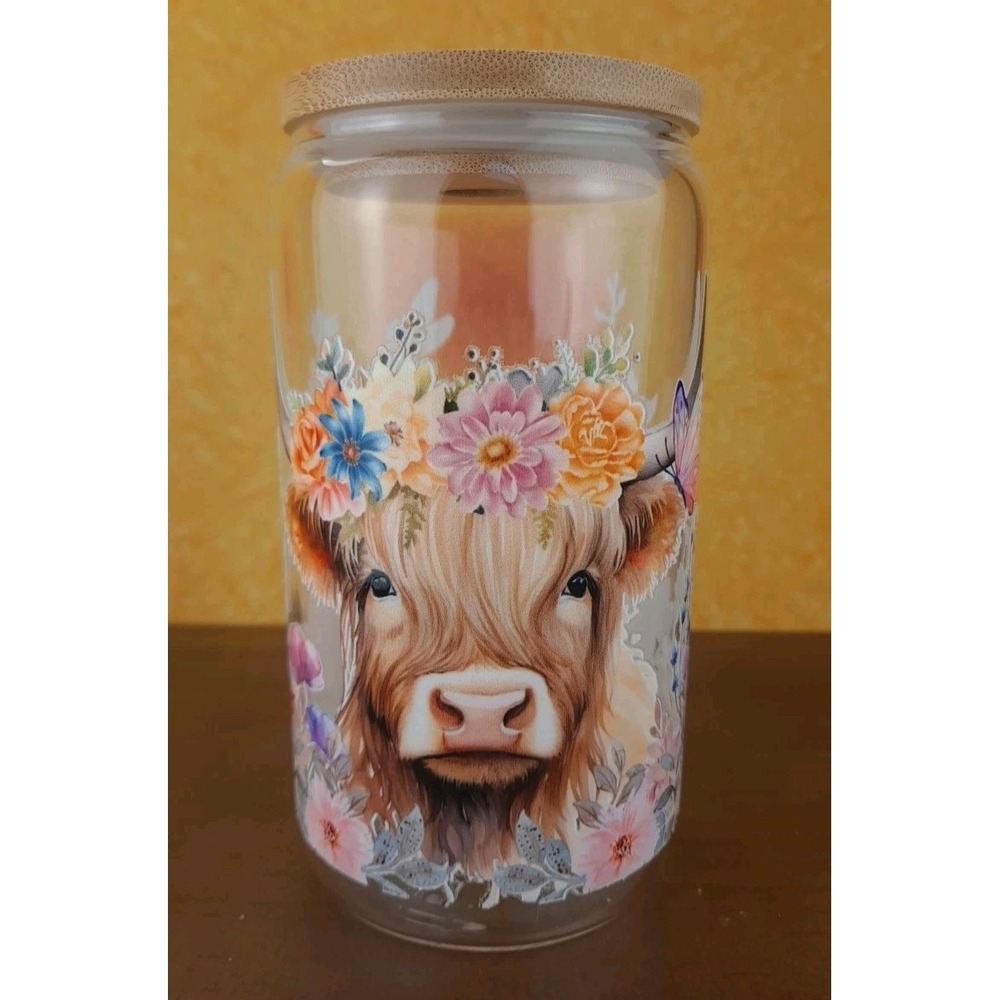 Midland Brown Cow With Wildflowers 12oz‎ Frosted Glass Tumbler With Straw